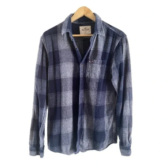 Hollister Mens Blue Plaid Cotton Flannel Button Down Shirt Medium Grunge Preppy - Picture 3 of 9